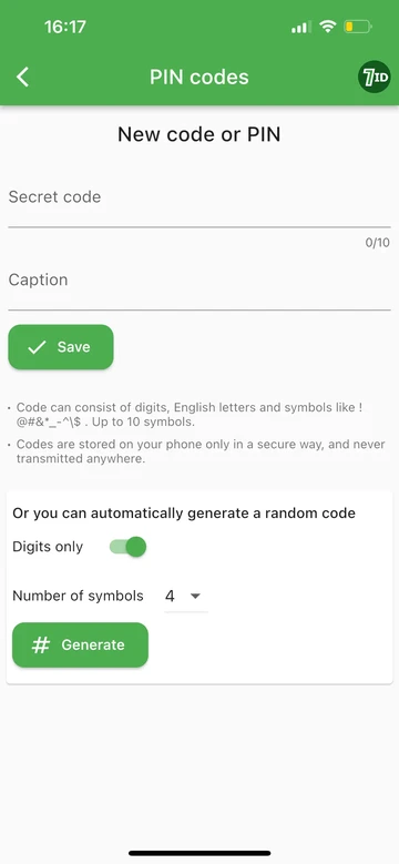 7ID: pridėkite naują PIN kodą arba jį sugeneruokite