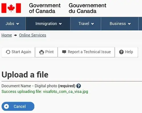 Kanada visum bild uppladdning resultat skärm