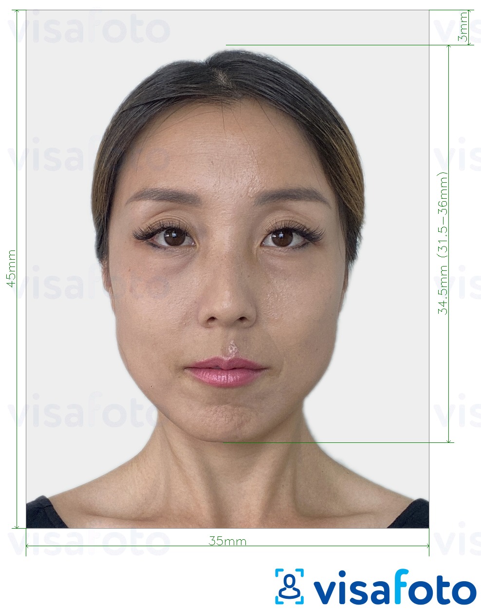 Exempel av foto för Japan visum 35x45 mm  med en optimal storlek