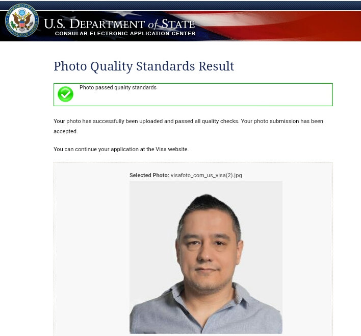 US visum bild uppladdning framgång skärm