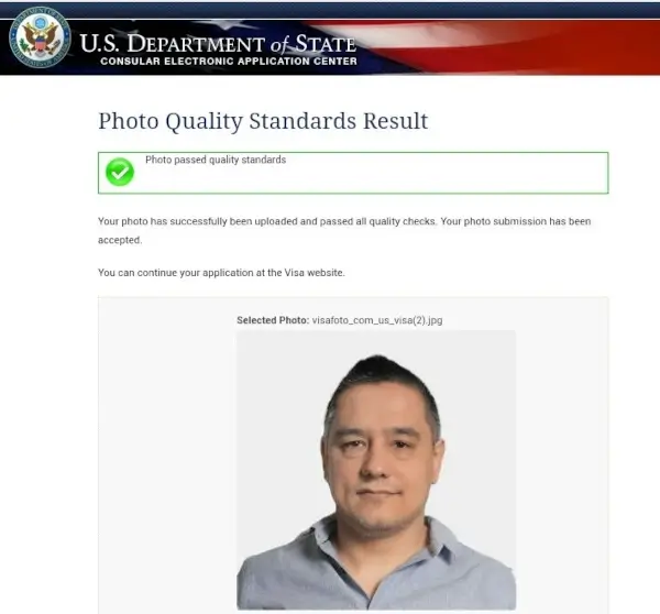US visum bild uppladdning framgång skärm
